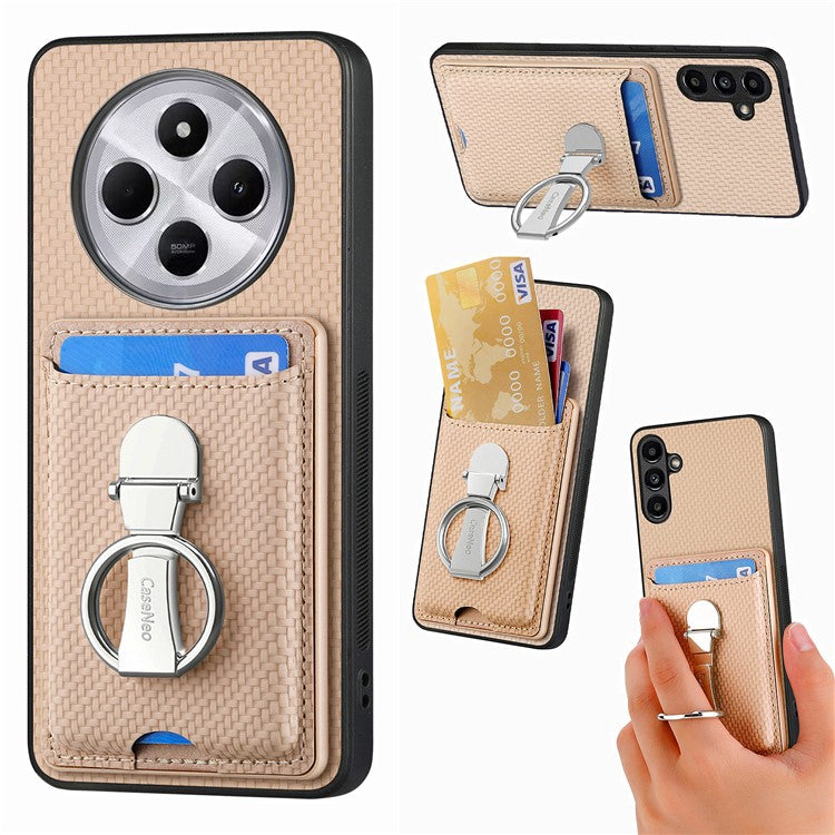 CASENEO C1-9 Phone Case For Xiaomi Redmi 14C 4G / 14R 5G / Poco C75 4G Carbon Fiber Texture Leather Back Cover with Card Slots Kickstand - Khaki