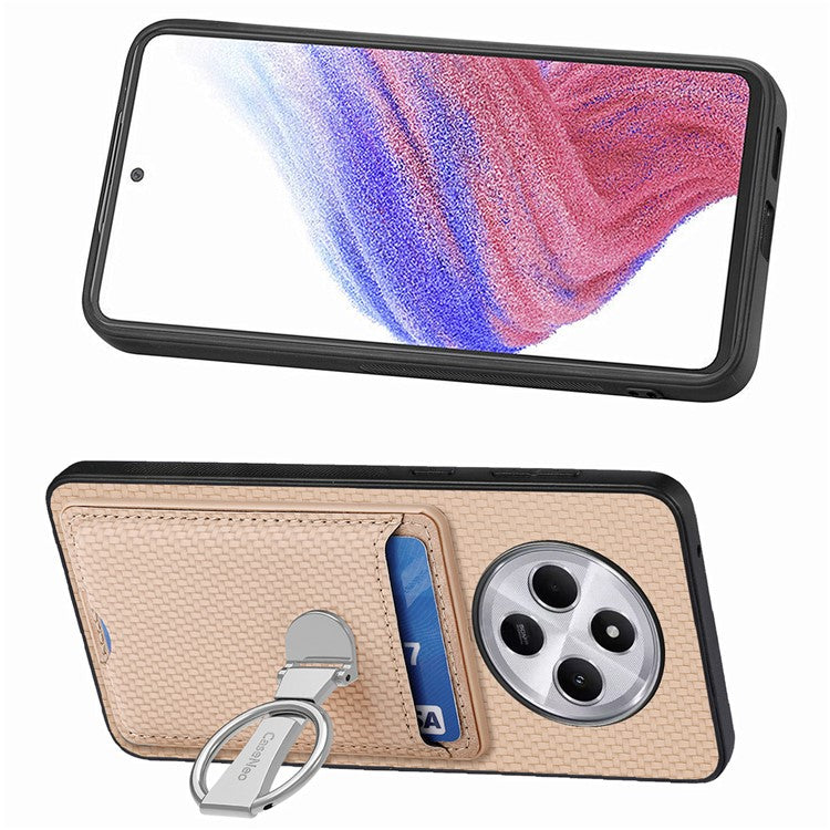 CASENEO C1-9 Phone Case For Xiaomi Redmi 14C 4G / 14R 5G / Poco C75 4G Carbon Fiber Texture Leather Back Cover with Card Slots Kickstand - Khaki