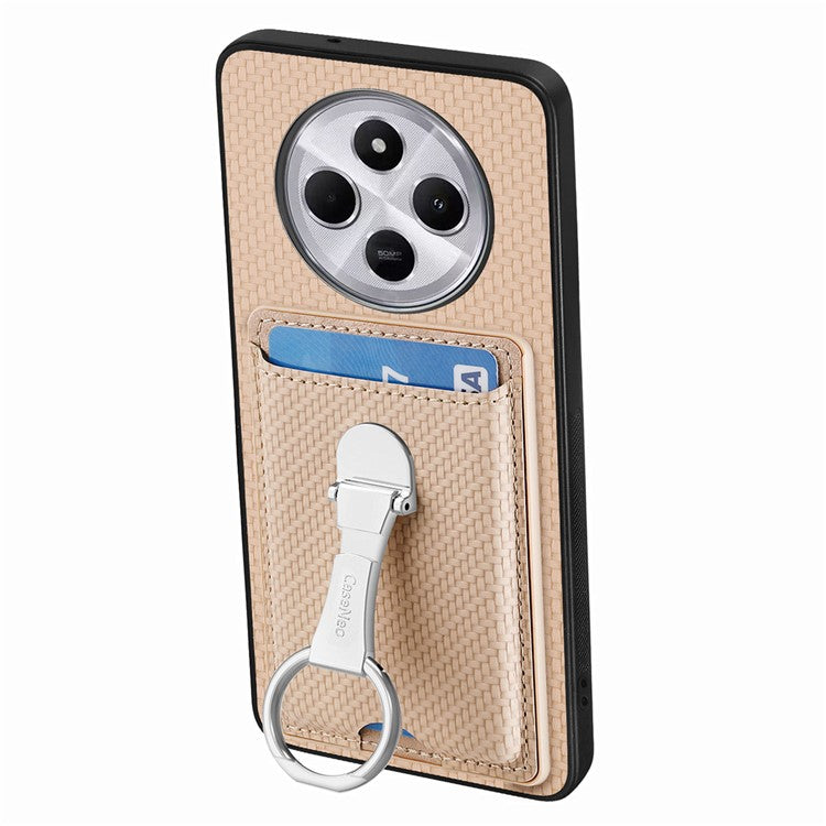 CASENEO C1-9 Phone Case For Xiaomi Redmi 14C 4G / 14R 5G / Poco C75 4G Carbon Fiber Texture Leather Back Cover with Card Slots Kickstand - Khaki