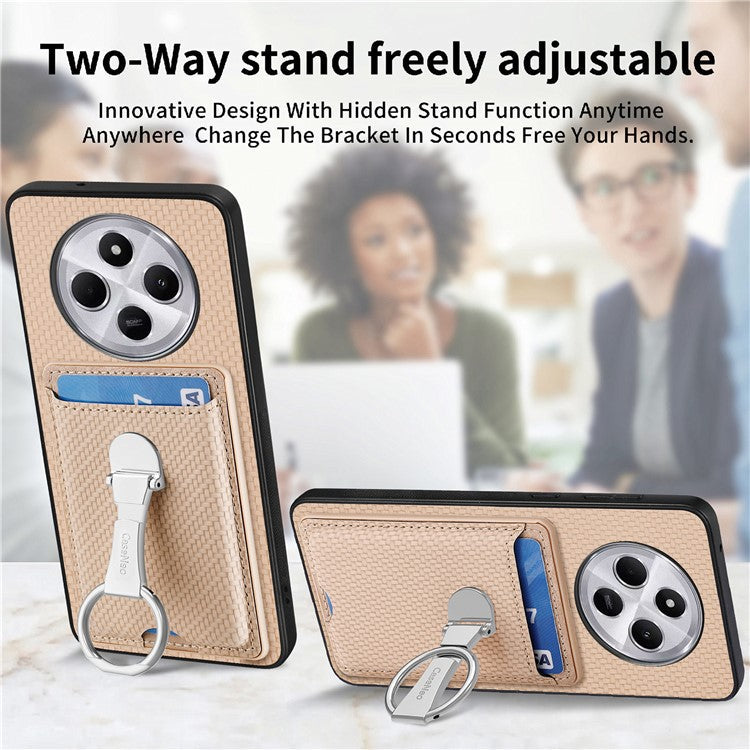 CASENEO C1-9 Phone Case For Xiaomi Redmi 14C 4G / 14R 5G / Poco C75 4G Carbon Fiber Texture Leather Back Cover with Card Slots Kickstand - Khaki