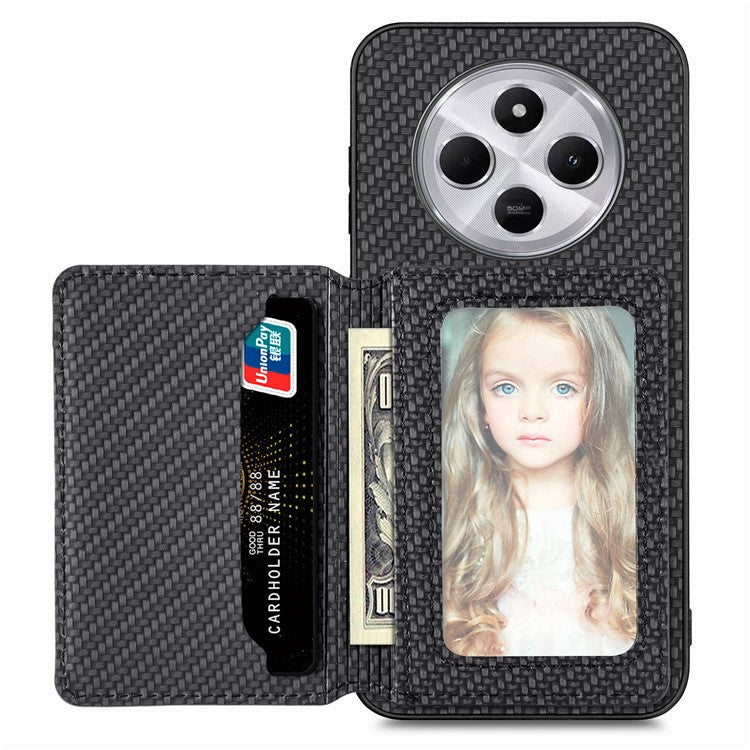 Case with Card Holder For Xiaomi Redmi 14C 4G / 14R 5G / Poco C75 4G RFID Blocking Carbon Fiber Leather+PC+TPU Phone Cover - Black