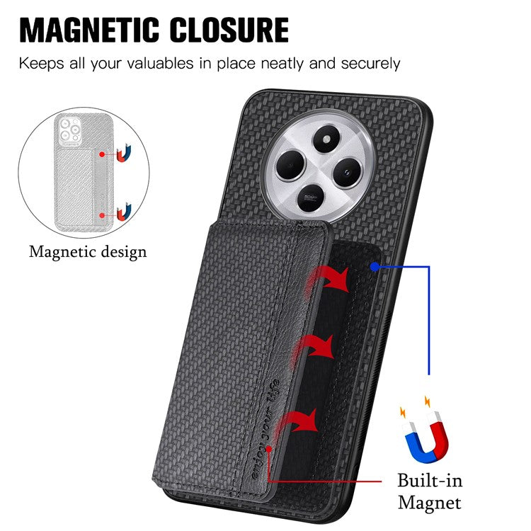 Case with Card Holder For Xiaomi Redmi 14C 4G / 14R 5G / Poco C75 4G RFID Blocking Carbon Fiber Leather+PC+TPU Phone Cover - Black