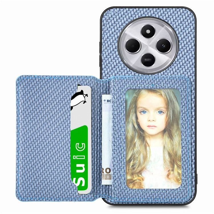 Case with Card Holder For Xiaomi Redmi 14C 4G / 14R 5G / Poco C75 4G RFID Blocking Carbon Fiber Leather+PC+TPU Phone Cover - Blue