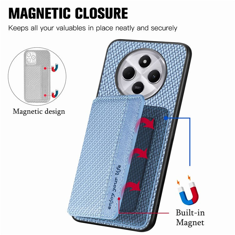 Case with Card Holder For Xiaomi Redmi 14C 4G / 14R 5G / Poco C75 4G RFID Blocking Carbon Fiber Leather+PC+TPU Phone Cover - Blue