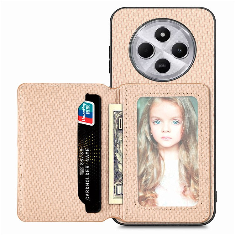 Case with Card Holder For Xiaomi Redmi 14C 4G / 14R 5G / Poco C75 4G RFID Blocking Carbon Fiber Leather+PC+TPU Phone Cover - Apricot