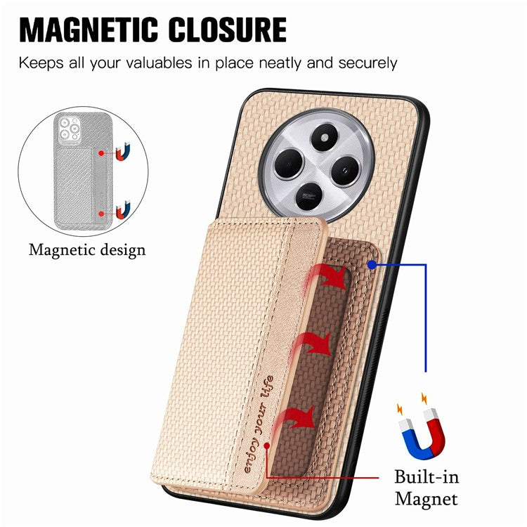 Case with Card Holder For Xiaomi Redmi 14C 4G / 14R 5G / Poco C75 4G RFID Blocking Carbon Fiber Leather+PC+TPU Phone Cover - Apricot