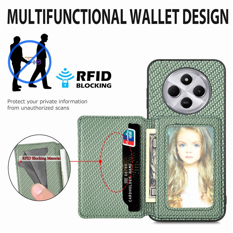 Case with Card Holder For Xiaomi Redmi 14C 4G / 14R 5G / Poco C75 4G RFID Blocking Carbon Fiber Leather+PC+TPU Phone Cover - Apricot