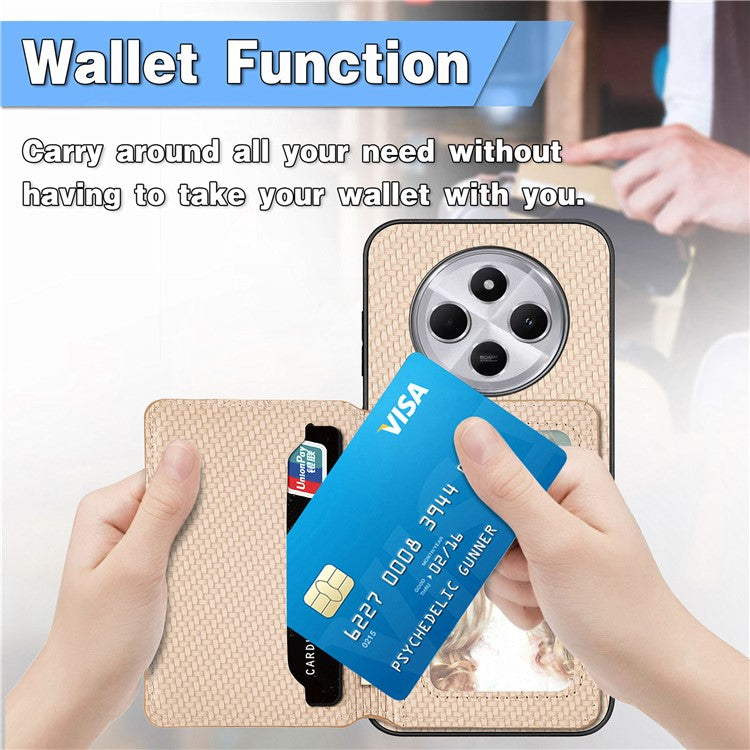 Case with Card Holder For Xiaomi Redmi 14C 4G / 14R 5G / Poco C75 4G RFID Blocking Carbon Fiber Leather+PC+TPU Phone Cover - Apricot