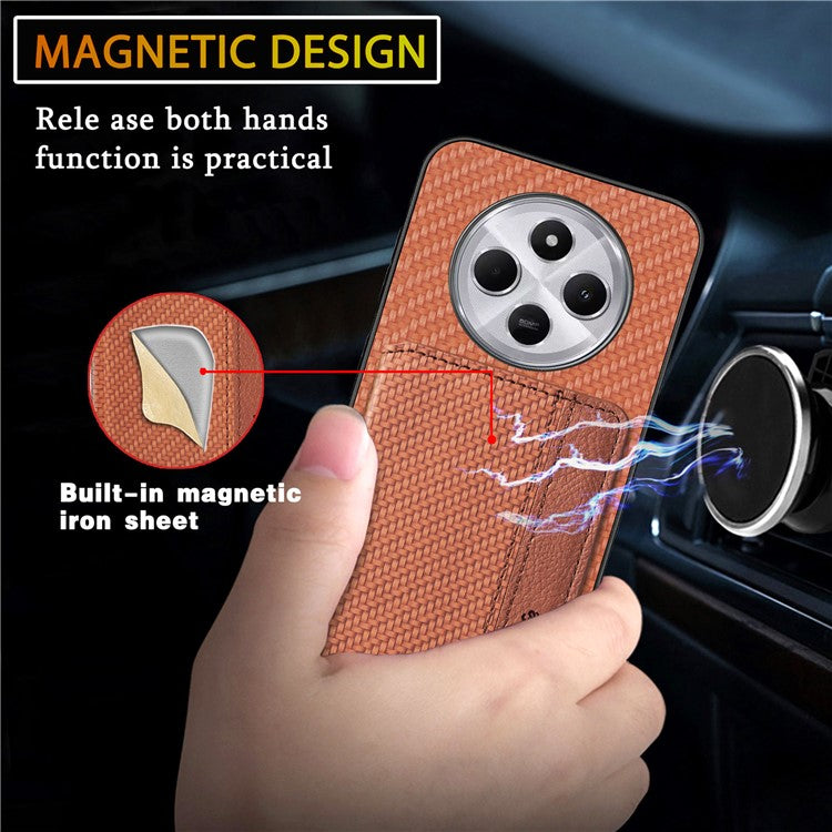 Case with Card Holder For Xiaomi Redmi 14C 4G / 14R 5G / Poco C75 4G RFID Blocking Carbon Fiber Leather+PC+TPU Phone Cover - Apricot