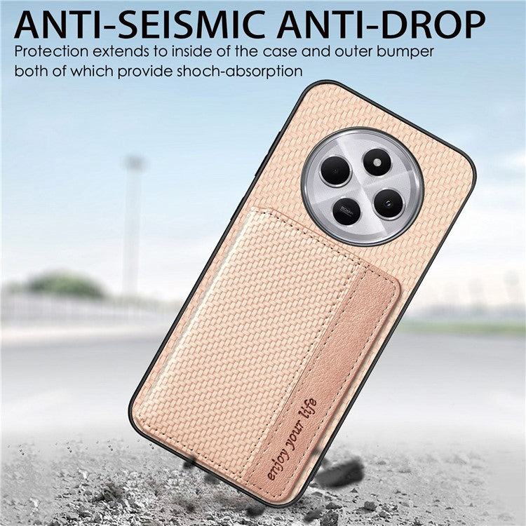 Case with Card Holder For Xiaomi Redmi 14C 4G / 14R 5G / Poco C75 4G RFID Blocking Carbon Fiber Leather+PC+TPU Phone Cover - Apricot