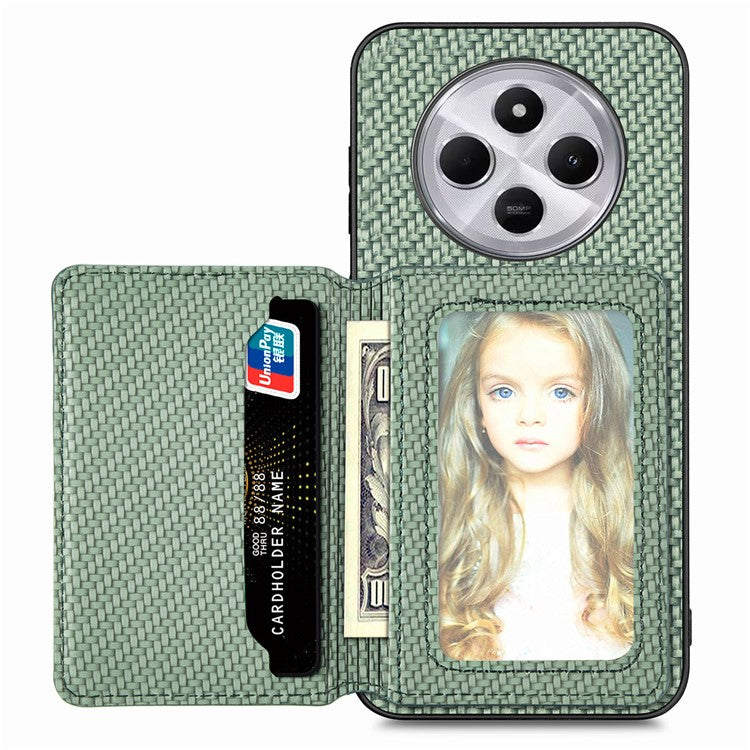 Case with Card Holder For Xiaomi Redmi 14C 4G / 14R 5G / Poco C75 4G RFID Blocking Carbon Fiber Leather+PC+TPU Phone Cover - Green
