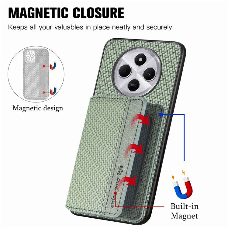 Case with Card Holder For Xiaomi Redmi 14C 4G / 14R 5G / Poco C75 4G RFID Blocking Carbon Fiber Leather+PC+TPU Phone Cover - Green