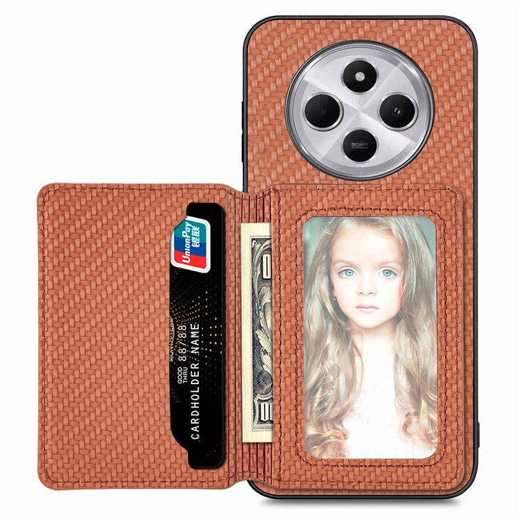 Case with Card Holder For Xiaomi Redmi 14C 4G / 14R 5G / Poco C75 4G RFID Blocking Carbon Fiber Leather+PC+TPU Phone Cover - Brown