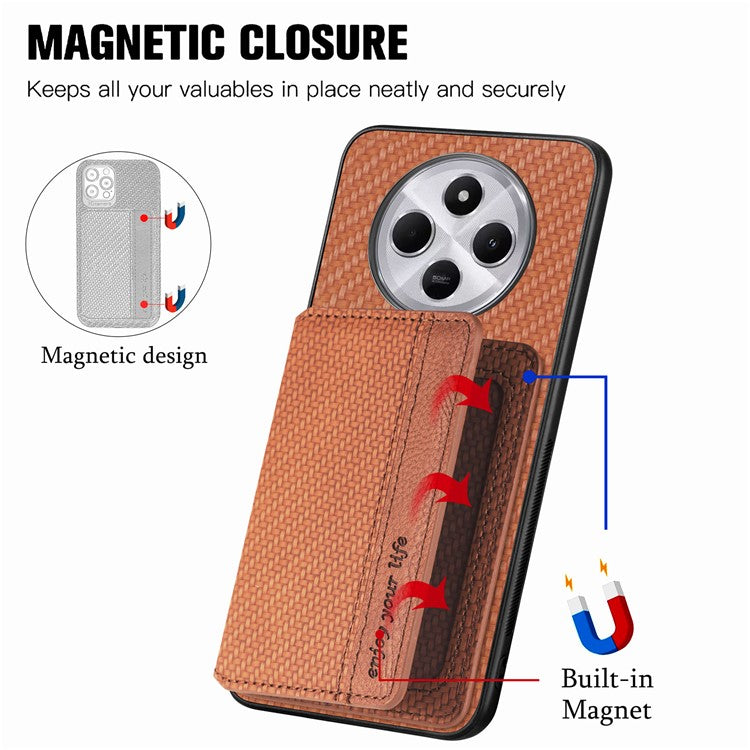 Case with Card Holder For Xiaomi Redmi 14C 4G / 14R 5G / Poco C75 4G RFID Blocking Carbon Fiber Leather+PC+TPU Phone Cover - Brown
