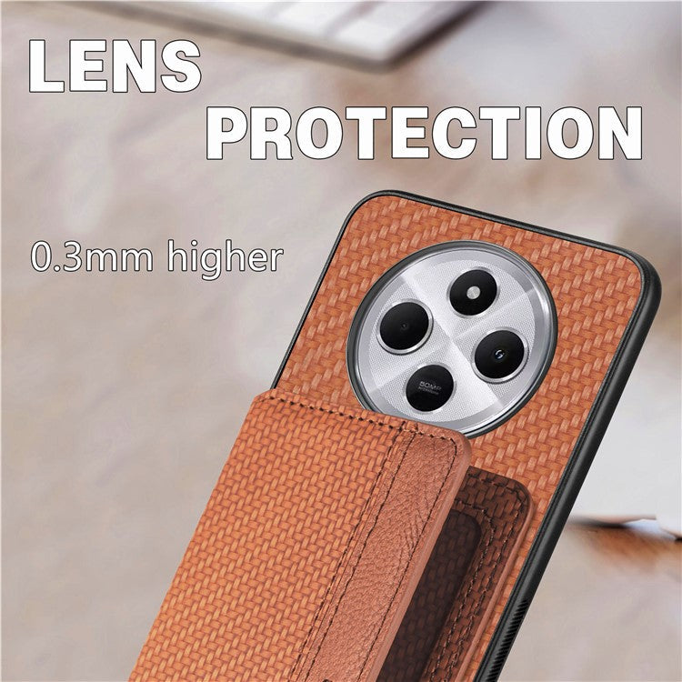 Case with Card Holder For Xiaomi Redmi 14C 4G / 14R 5G / Poco C75 4G RFID Blocking Carbon Fiber Leather+PC+TPU Phone Cover - Brown