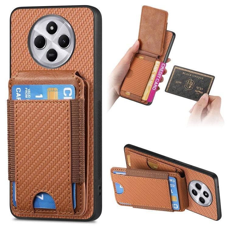 Case with Card Holder For Xiaomi Redmi 14C 4G / 14R 5G / Poco C75 4G Leather+PC+TPU Kickstand Phone Cover - Brown