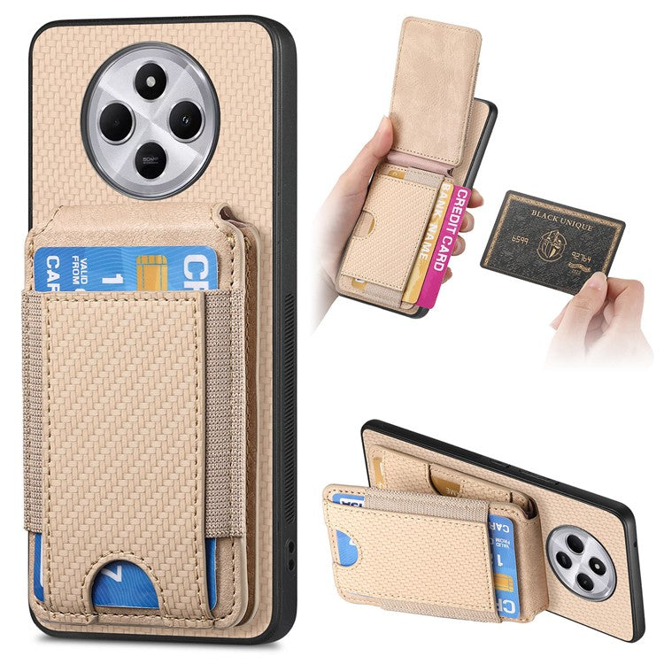 Case with Card Holder For Xiaomi Redmi 14C 4G / 14R 5G / Poco C75 4G Leather+PC+TPU Kickstand Phone Cover - Khaki