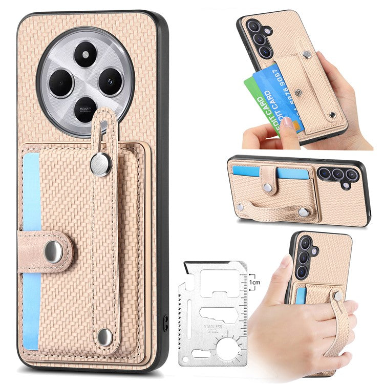 Phone Case For Xiaomi Redmi 14C 4G / 14R 5G / Poco C75 4G Wristband Anti-Drop Leather Back Cover Card Holder - Khaki