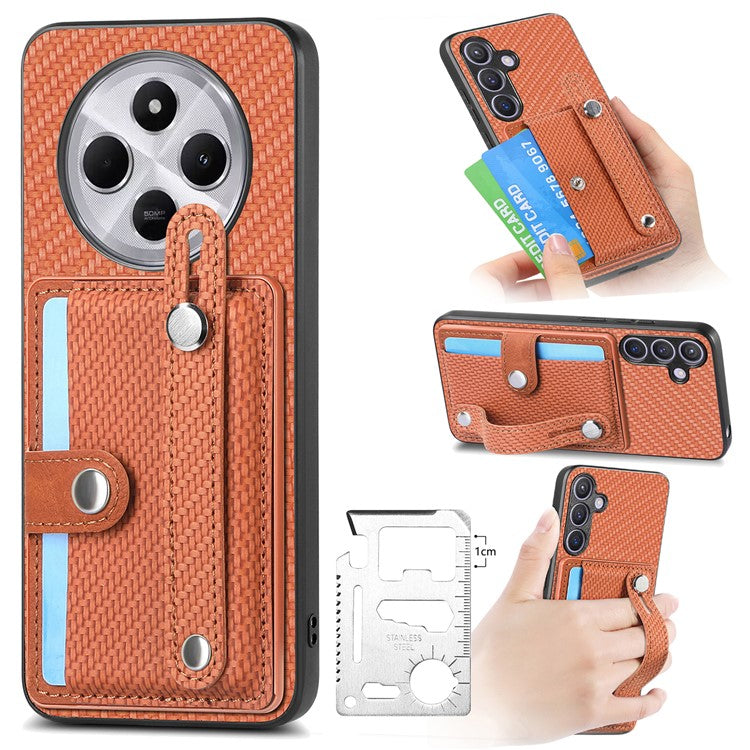 Phone Case For Xiaomi Redmi 14C 4G / 14R 5G / Poco C75 4G Wristband Anti-Drop Leather Back Cover Card Holder - Brown