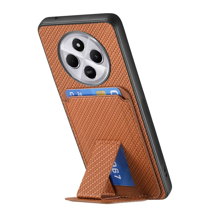 Phone Case For Xiaomi Redmi 14C 4G / 14R 5G / Poco C75 4G Carbon Fiber Texture Leather Coated TPU Back Cover with Card Holder - Brown