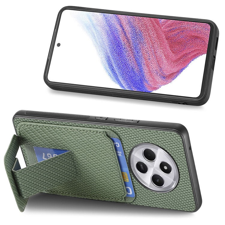 Phone Case For Xiaomi Redmi 14C 4G / 14R 5G / Poco C75 4G Carbon Fiber Texture Leather Coated TPU Back Cover with Card Holder - Green