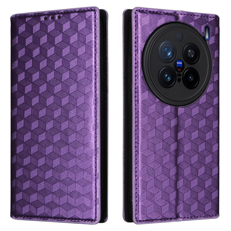 For vivo X200 Pro 5G Wallet Case Rhombus Imprinted Leather Phone Cover - Purple
