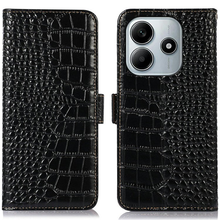 For Xiaomi Redmi Note 14 5G Case Crocodile Texture Genuine Cow Leather Phone Wallet Cover - Black