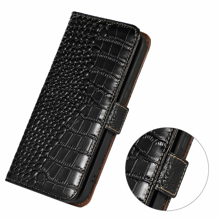 For Xiaomi Redmi Note 14 5G Case Crocodile Texture Genuine Cow Leather Phone Wallet Cover - Black