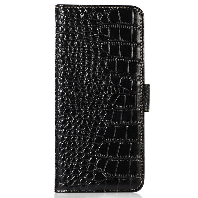For Xiaomi Redmi Note 14 5G Case Crocodile Texture Genuine Cow Leather Phone Wallet Cover - Black