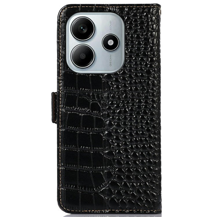 For Xiaomi Redmi Note 14 5G Case Crocodile Texture Genuine Cow Leather Phone Wallet Cover - Black