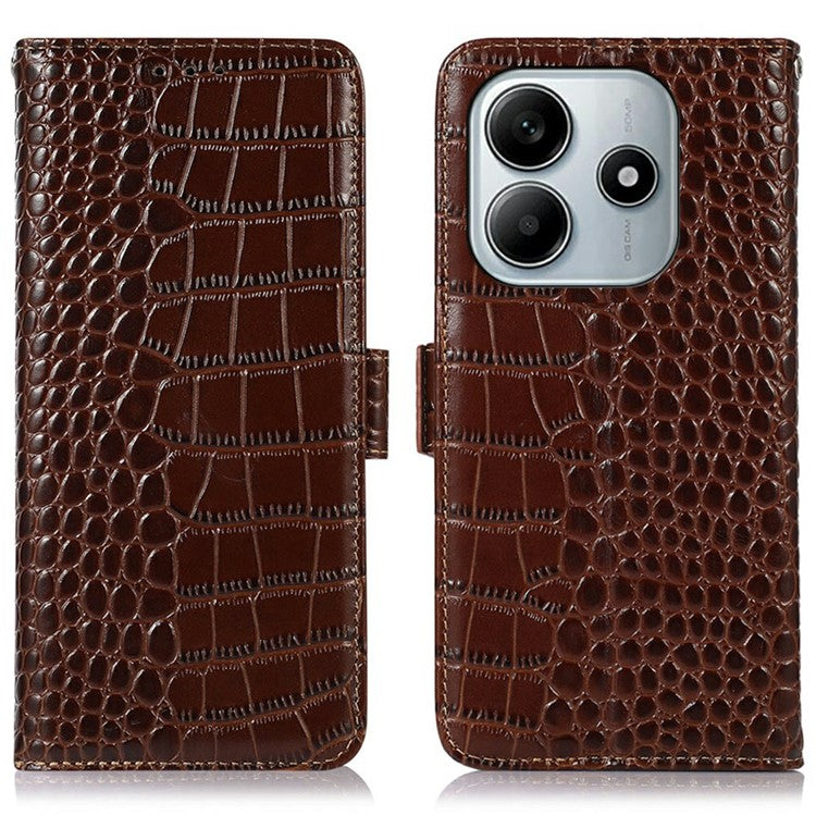 For Xiaomi Redmi Note 14 5G Case Crocodile Texture Genuine Cow Leather Phone Wallet Cover - Brown