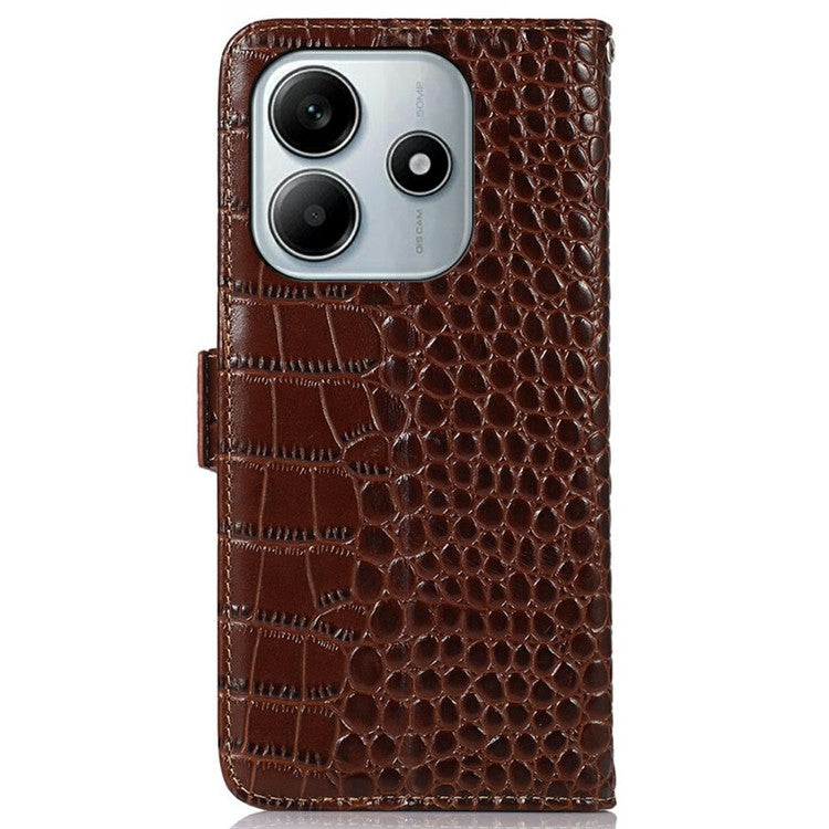 For Xiaomi Redmi Note 14 5G Case Crocodile Texture Genuine Cow Leather Phone Wallet Cover - Brown