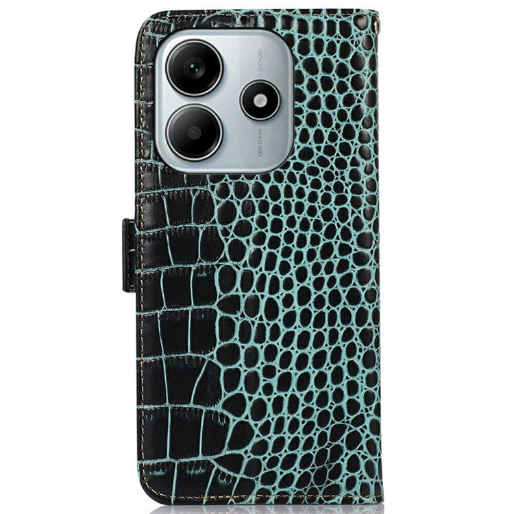 For Xiaomi Redmi Note 14 5G Case Crocodile Texture Genuine Cow Leather Phone Wallet Cover - Green