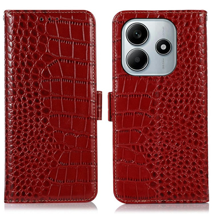 For Xiaomi Redmi Note 14 5G Case Crocodile Texture Genuine Cow Leather Phone Wallet Cover - Red