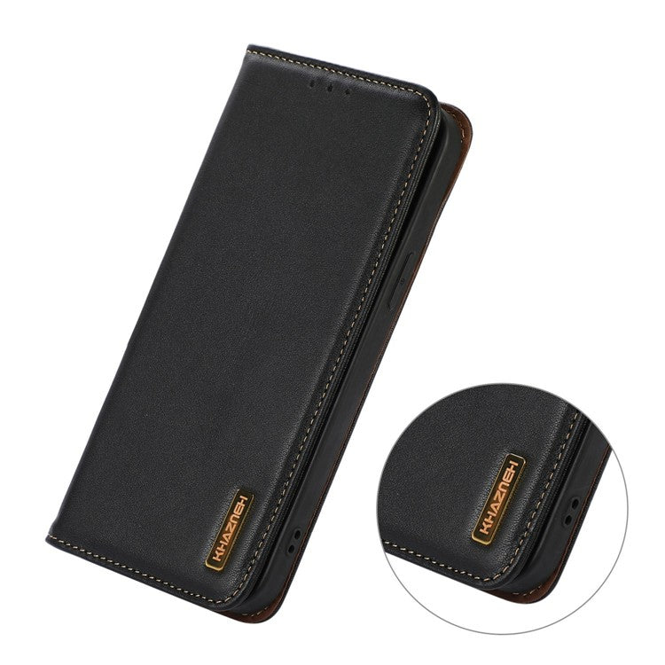 KHAZNEH For Xiaomi Redmi Note 14 5G Case Genuine Cow Leather Wallet Phone Cover Nappa Texture - Black