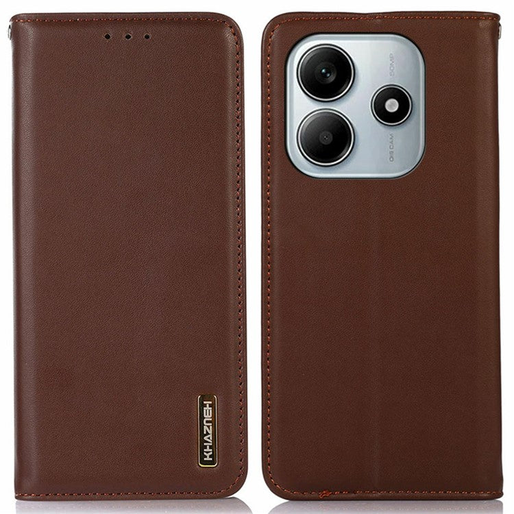 KHAZNEH For Xiaomi Redmi Note 14 5G Case Genuine Cow Leather Wallet Phone Cover Nappa Texture - Brown