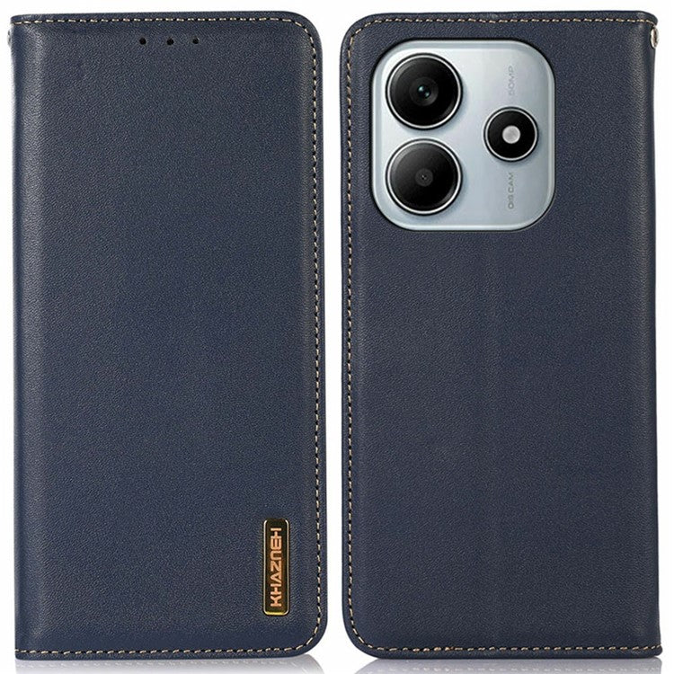 KHAZNEH For Xiaomi Redmi Note 14 5G Case Genuine Cow Leather Wallet Phone Cover Nappa Texture - Blue