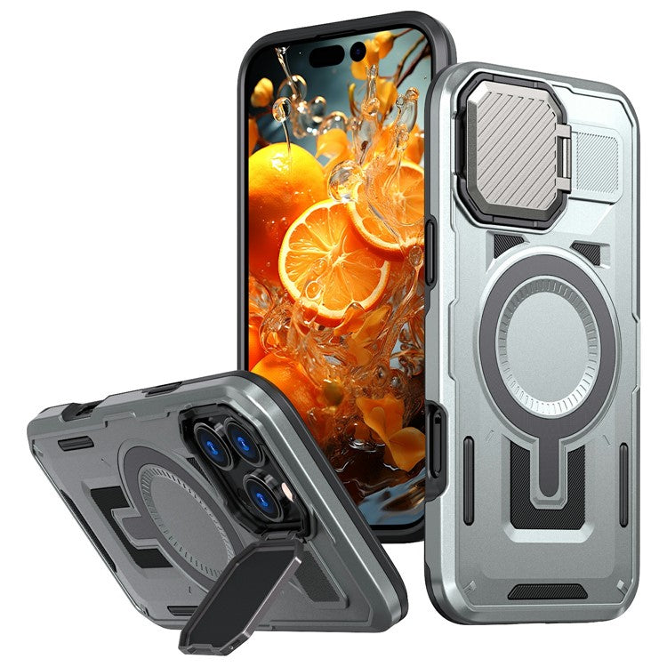 For iPhone 16 Pro Case Compatible with MagSafe Lens Lid Kickstand PC+TPU Back Cover - Silver