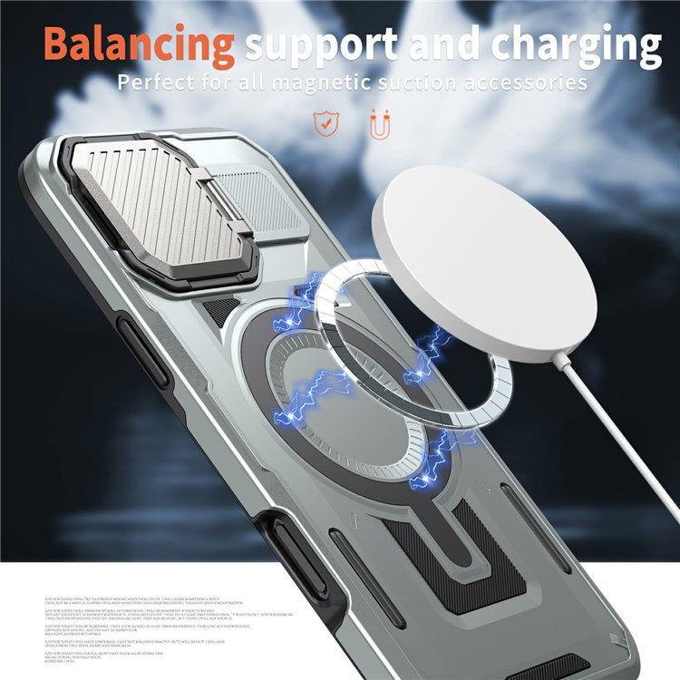 For iPhone 16 Pro Case Compatible with MagSafe Lens Lid Kickstand PC+TPU Back Cover - Silver