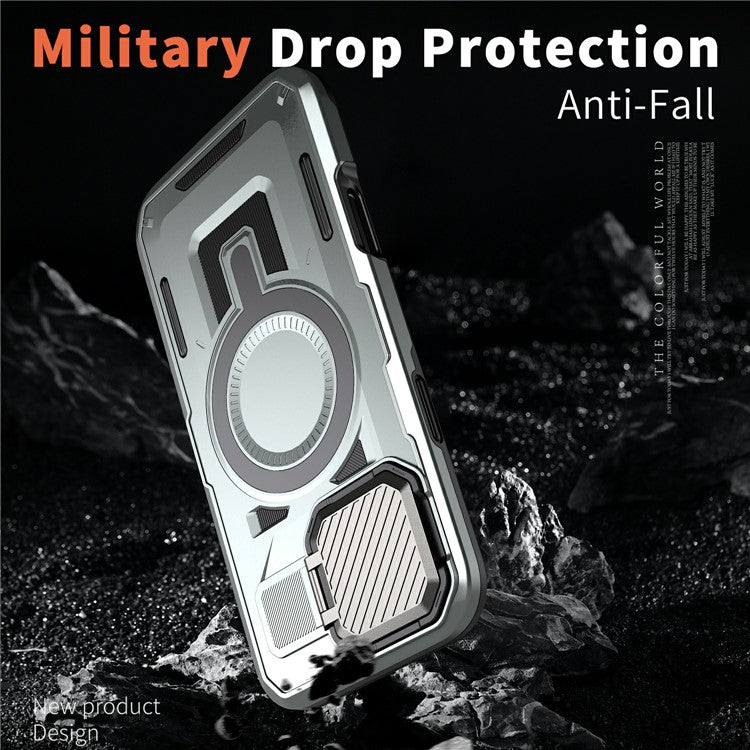 For iPhone 16 Pro Case Compatible with MagSafe Lens Lid Kickstand PC+TPU Back Cover - Silver