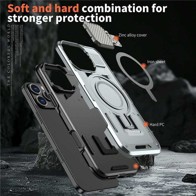 For iPhone 16 Pro Case Compatible with MagSafe Lens Lid Kickstand PC+TPU Back Cover - Silver