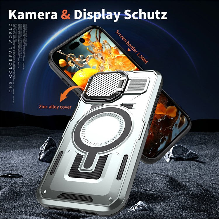 For iPhone 16 Pro Case Compatible with MagSafe Lens Lid Kickstand PC+TPU Back Cover - Silver