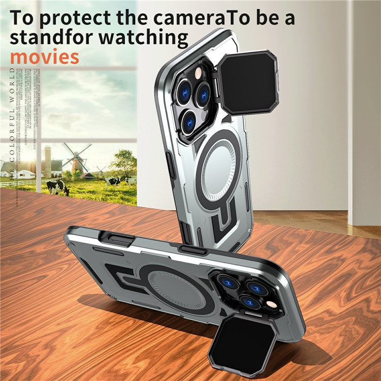 For iPhone 16 Pro Case Compatible with MagSafe Lens Lid Kickstand PC+TPU Back Cover - Silver