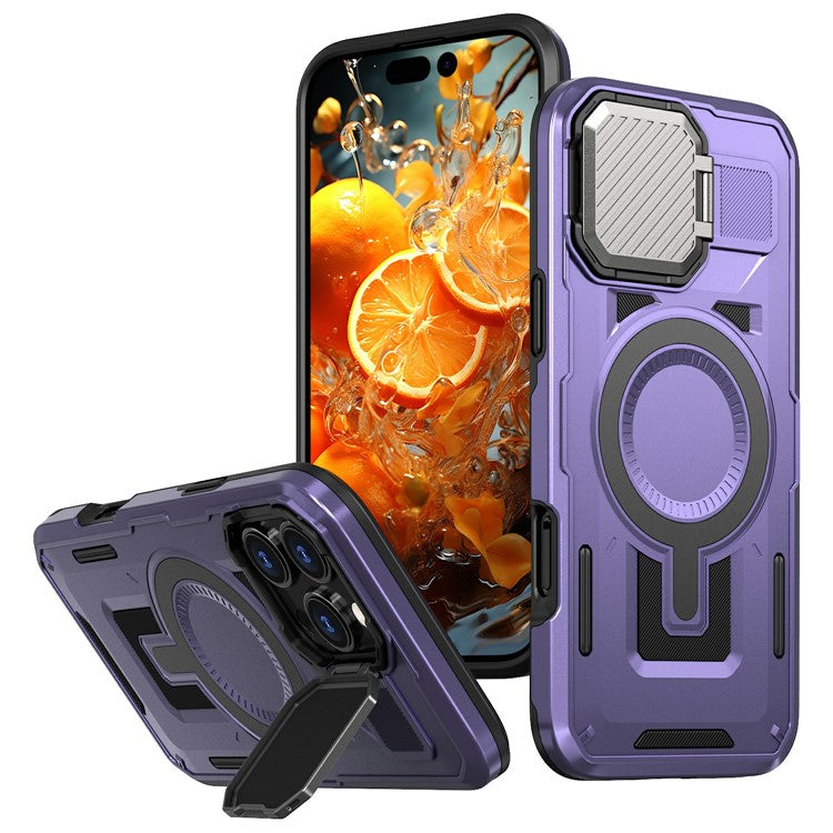 For iPhone 16 Pro Case Compatible with MagSafe Lens Lid Kickstand PC+TPU Back Cover - Purple