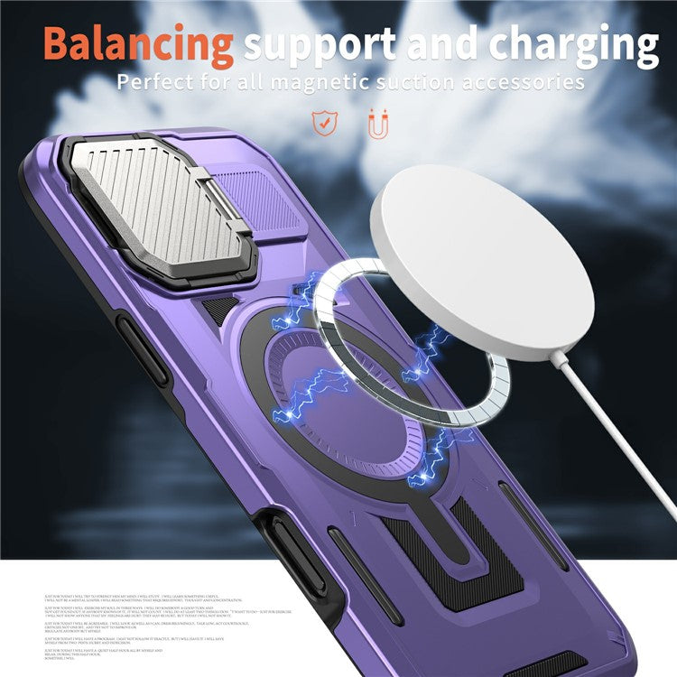 For iPhone 16 Pro Case Compatible with MagSafe Lens Lid Kickstand PC+TPU Back Cover - Purple