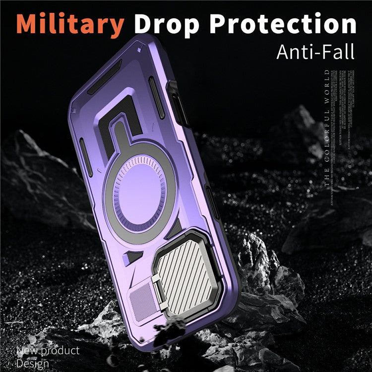 For iPhone 16 Pro Case Compatible with MagSafe Lens Lid Kickstand PC+TPU Back Cover - Purple