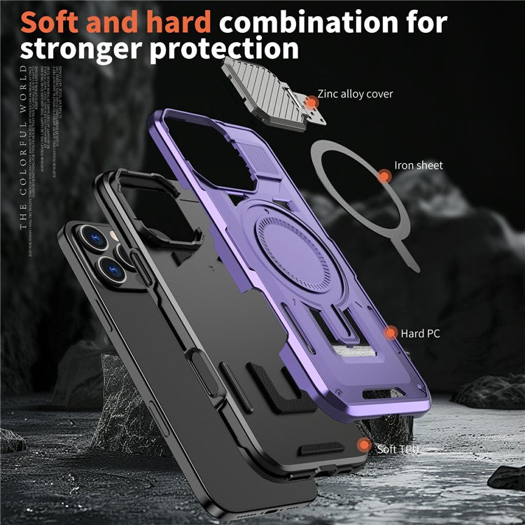 For iPhone 16 Pro Case Compatible with MagSafe Lens Lid Kickstand PC+TPU Back Cover - Purple