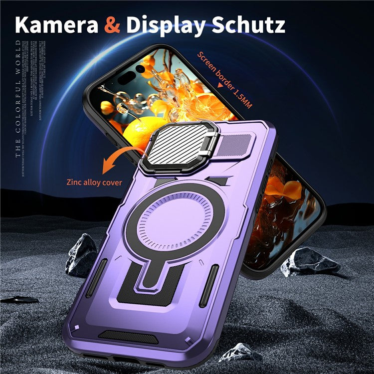 For iPhone 16 Pro Case Compatible with MagSafe Lens Lid Kickstand PC+TPU Back Cover - Purple