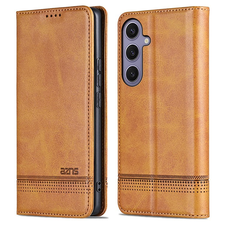 AZNS For Samsung Galaxy S25+ Case Cowhide Texture PU Leather Wallet Phone Cover - Brown