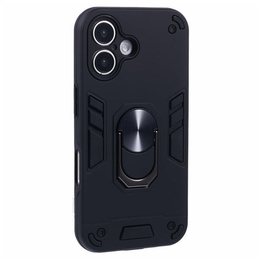 For iPhone 16 Plus Case PC+TPU Drop Defend Phone Cover with Ring Kickstand - Black